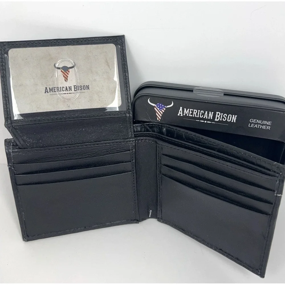 American Bison Genuine Leather Wallet Black Croc Embossed Bifold Metal Logo NEW
